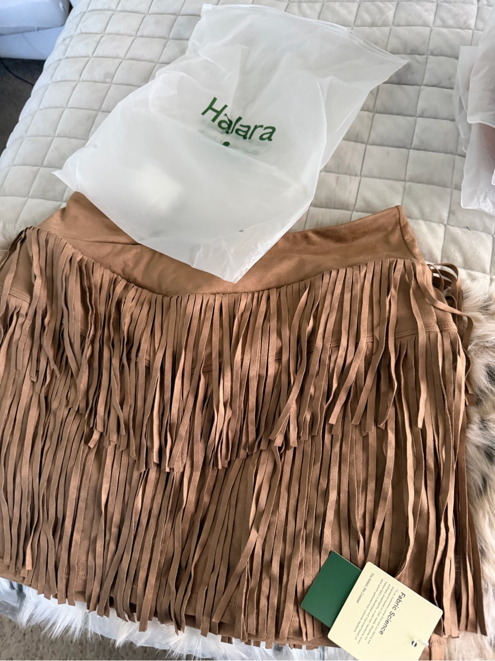 Brand New HALARA Tan Suede-Look Fringe Mini Skort